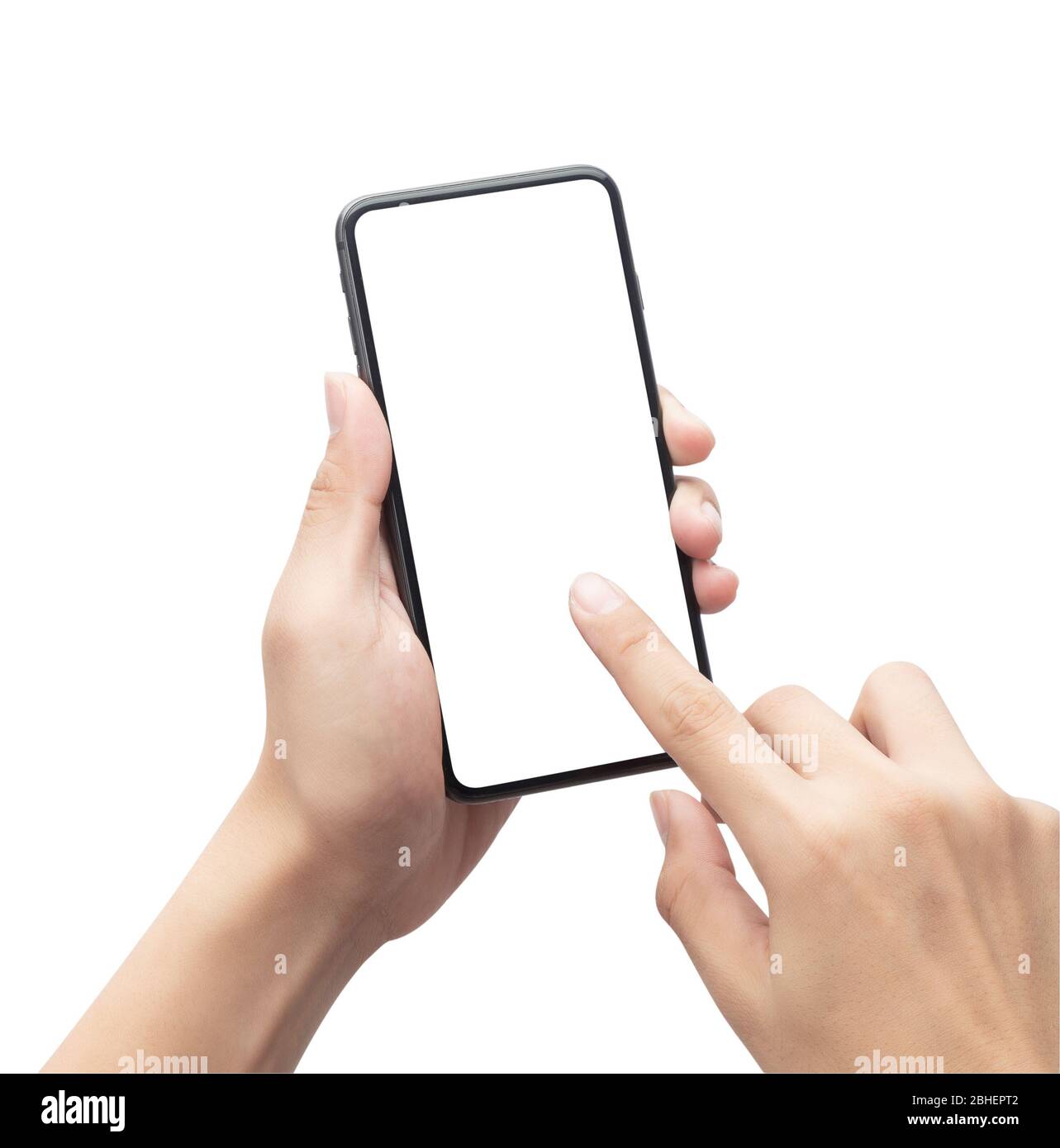 Male hand holding the black smartphone and touching on blank screen ...