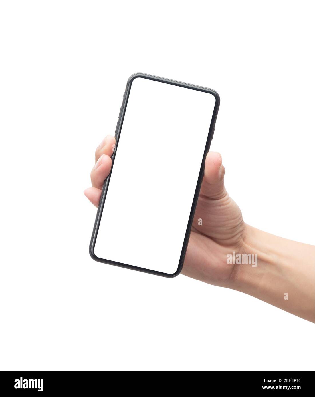 Male hand holding the black smartphone with blank screen isolated on ...