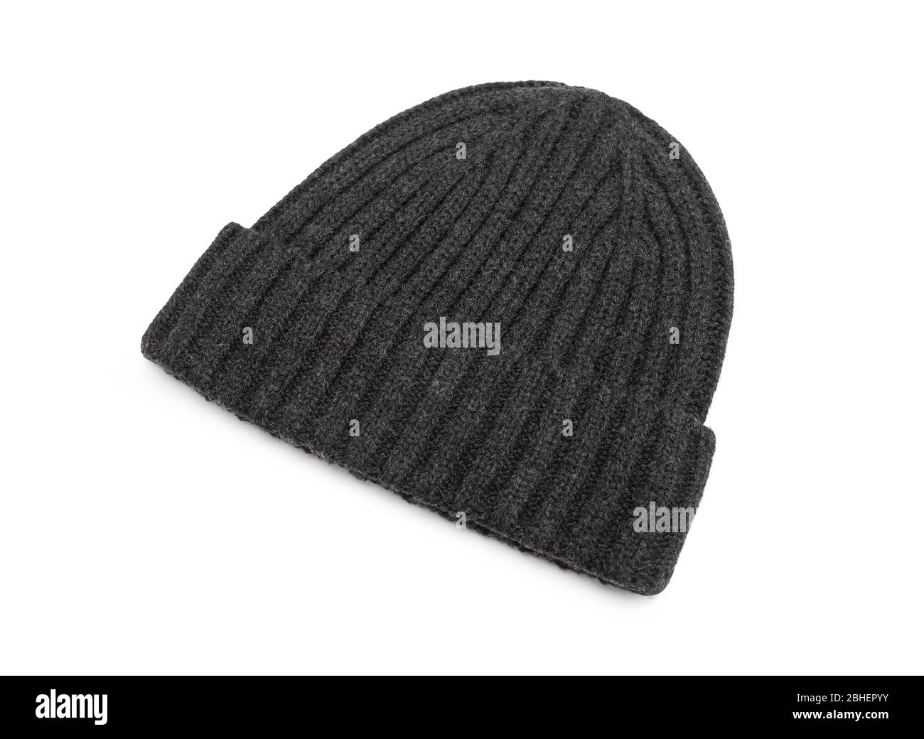 Dark grey beanie hat isolated on white background with clipping path. Stock Photo