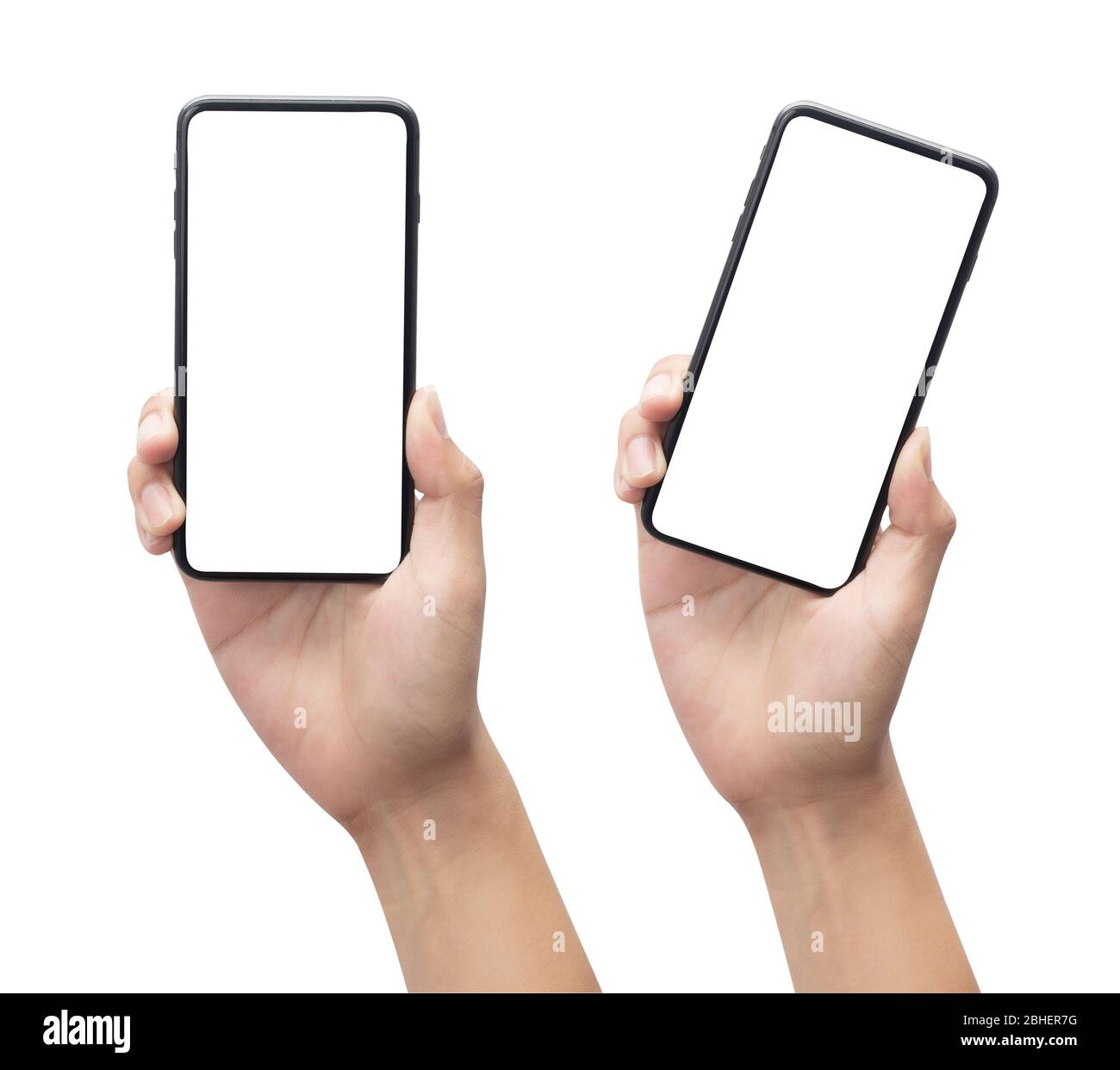 Set of Male hand holding the black smartphone with blank screen ...