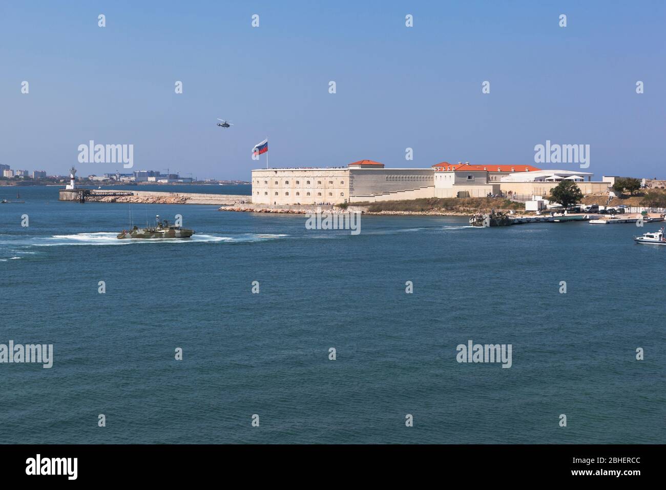 Sevastopol, Crimea, Russia - July 28, 2019: Raptor landing boats moor to the pier near the Konstantinovsky barracks at the celebration of Navy Day in Stock Photo