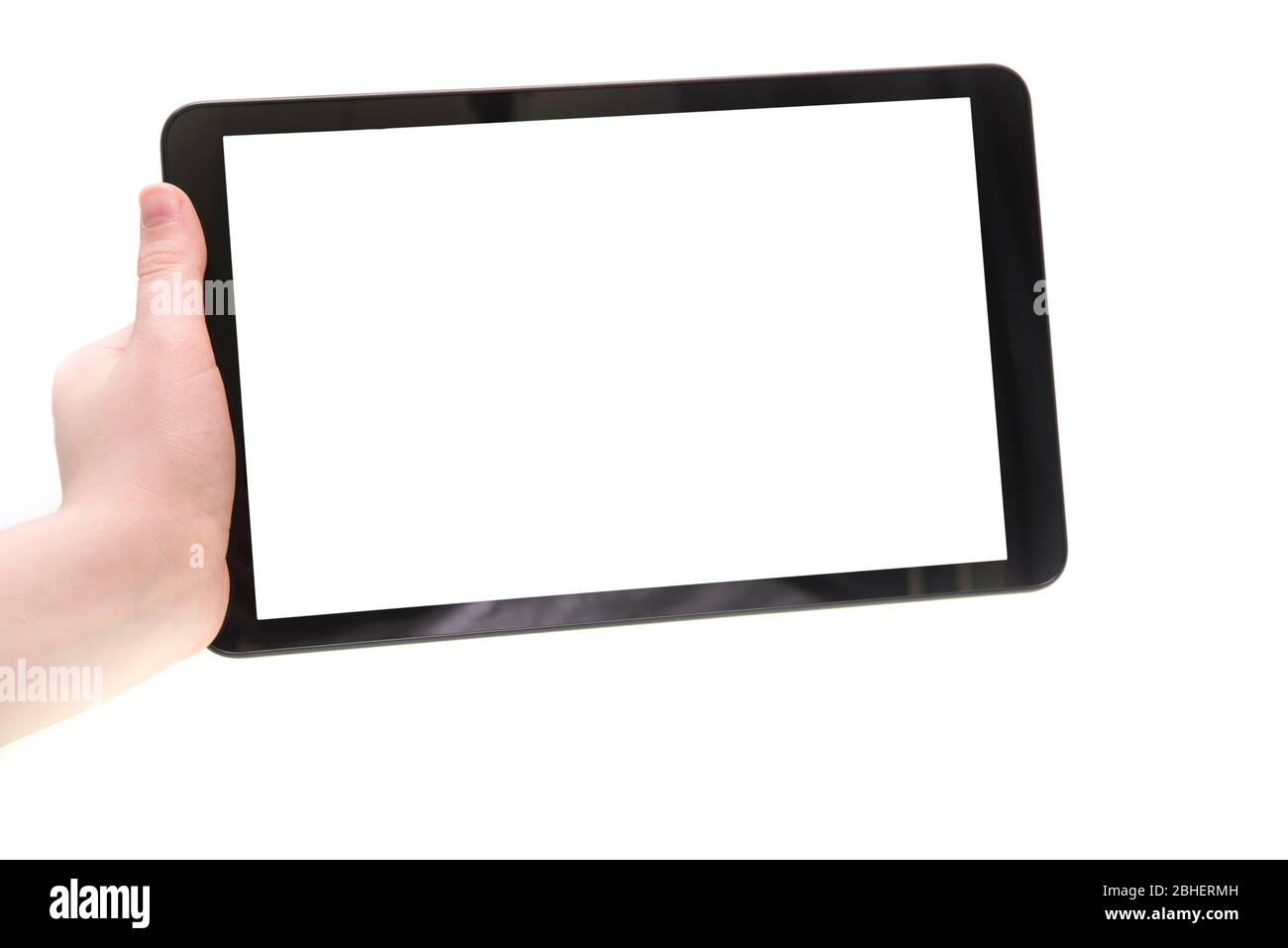 Boy hand holding tablet over white background Stock Photo