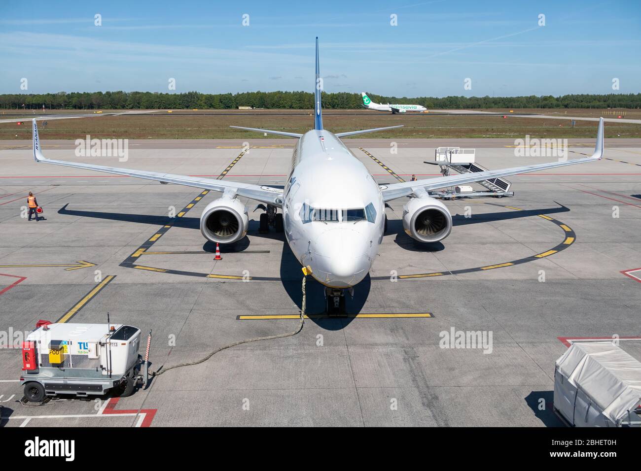 Airplane is prepared for departure at Eindhoven airport Stock Photo