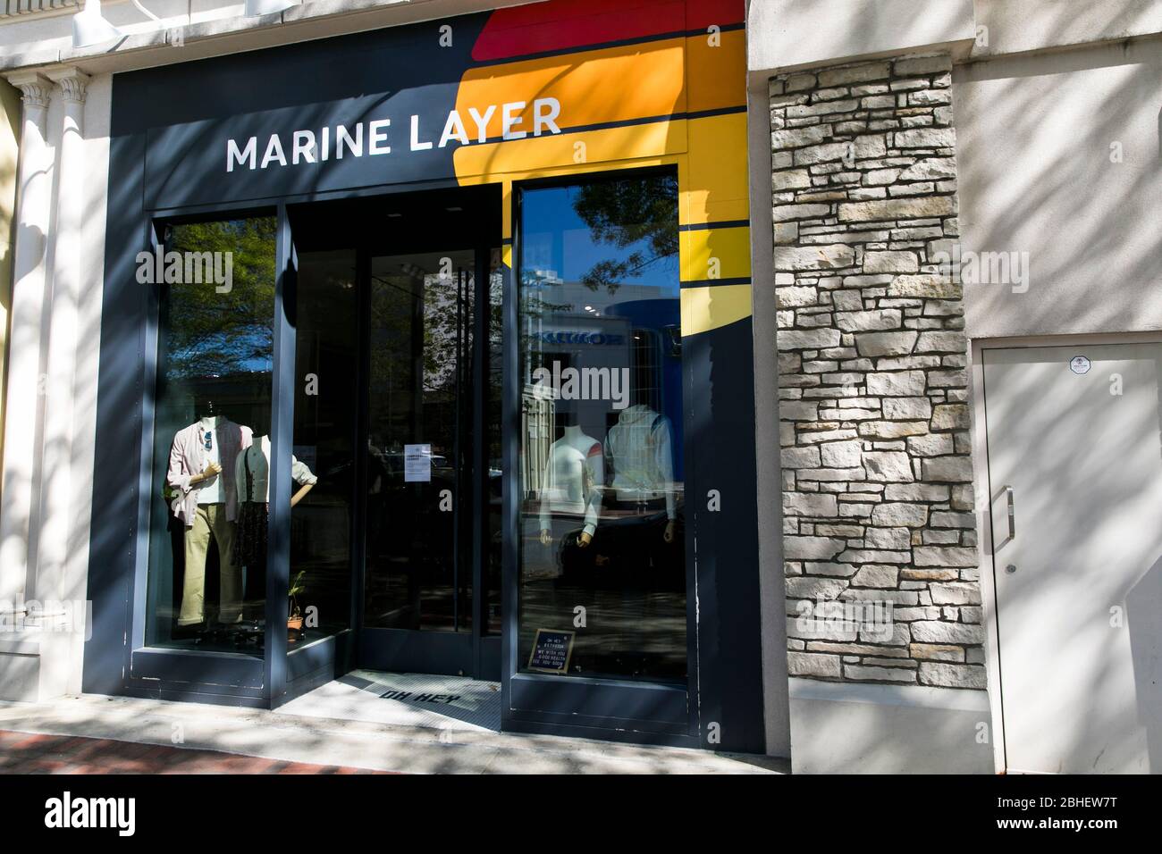 A logo sign outside of a Marine Layer retail store location in Bethesda, Maryland on April 22, 2020. Stock Photo