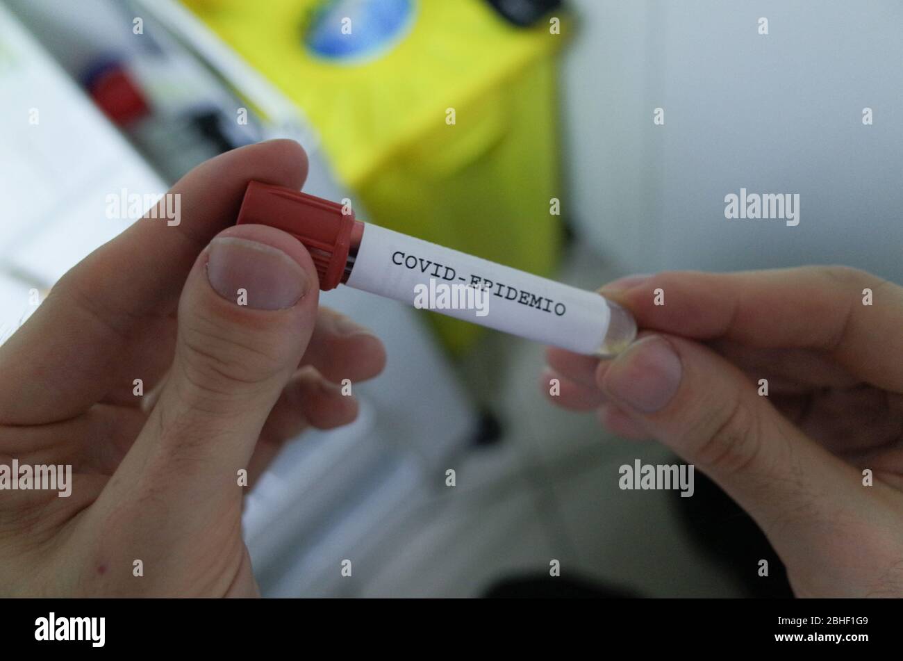 *** STRICTLY NO SALES TO FRENCH MEDIA OR PUBLISHERS - RIGHTS RESERVED ***April 23, 2020 - Stains, France: Close-up of a blood test for coronavirus antibodies. The diagnostic test are intended to intended to signal whether people may have built immunity to the virus before lifting the lockdown. Stock Photo