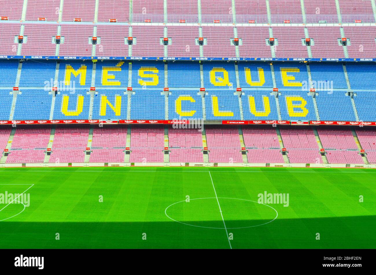 Barcelona, Spain, March 14, 2019: Camp Nou is the home stadium of football club Barcelona, the largest stadium in Spain. Top aerial view of tribunes stands and green grass field. Stock Photo