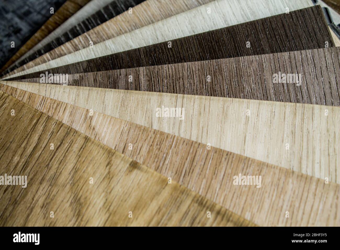 Vinyl strips. Flexible plastic laminate.Floor covering, LVT. Stock Photo