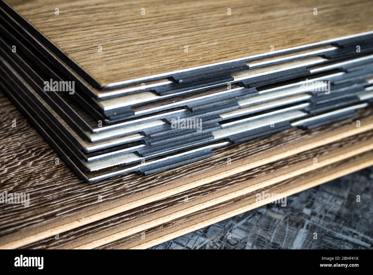 Vinyl strips. Flexible plastic laminate.Floor covering, LVT Stock Photo
