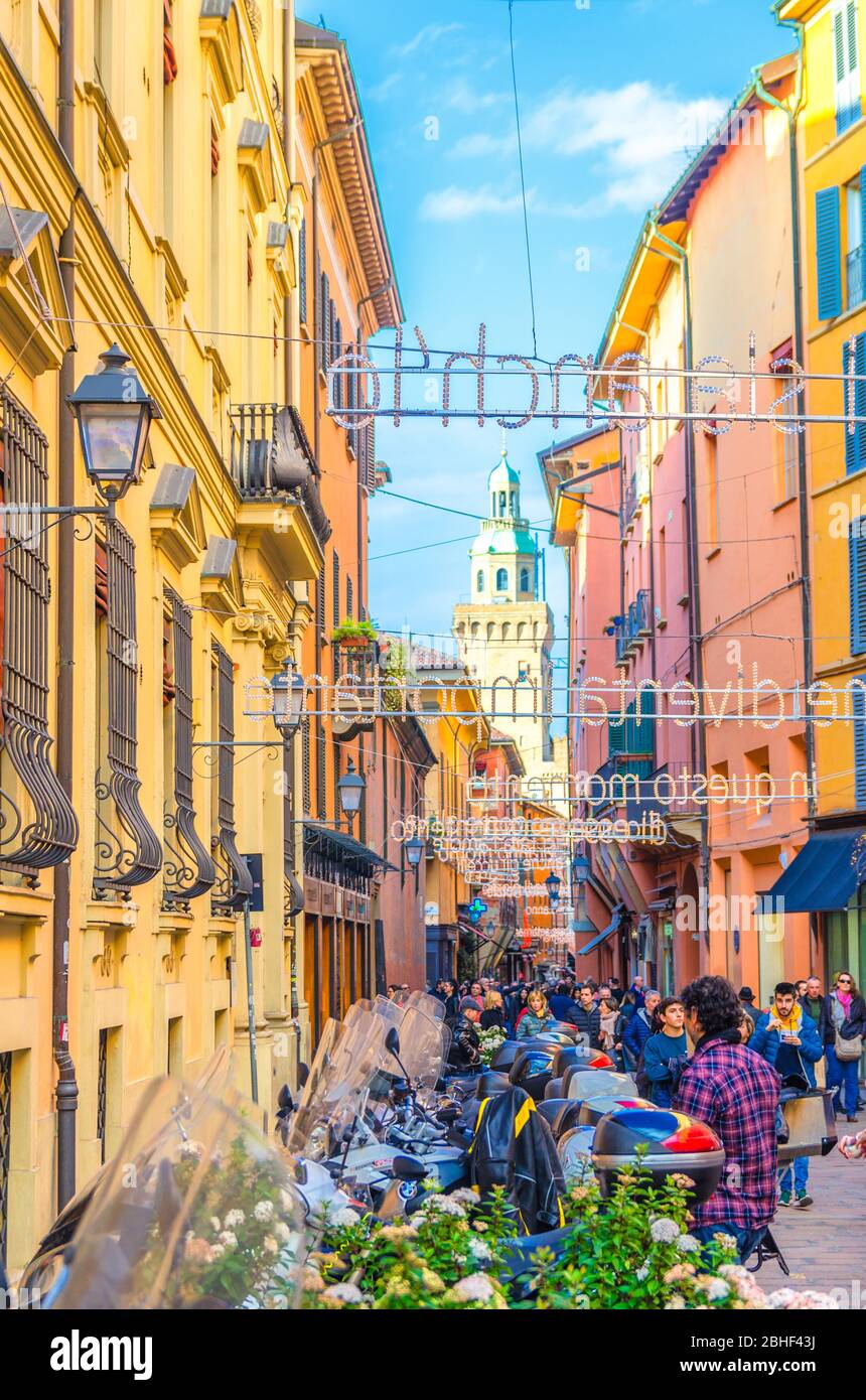Bologna, Italy, March 17, 2018 People walking down pedestrian street