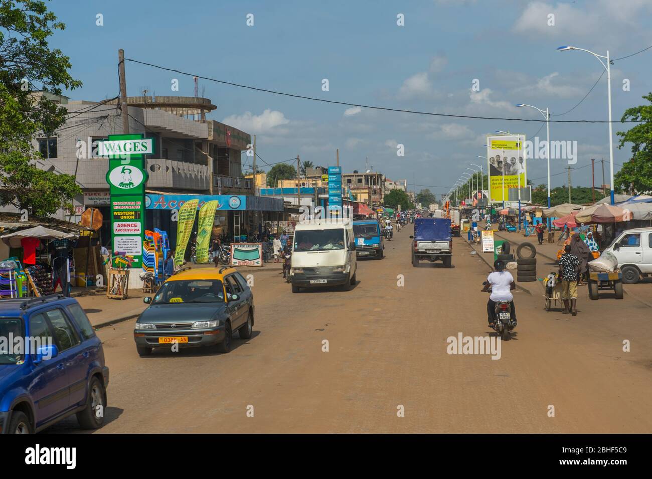 Street scene with motor scooters in Lome, Togo. Stock Photo