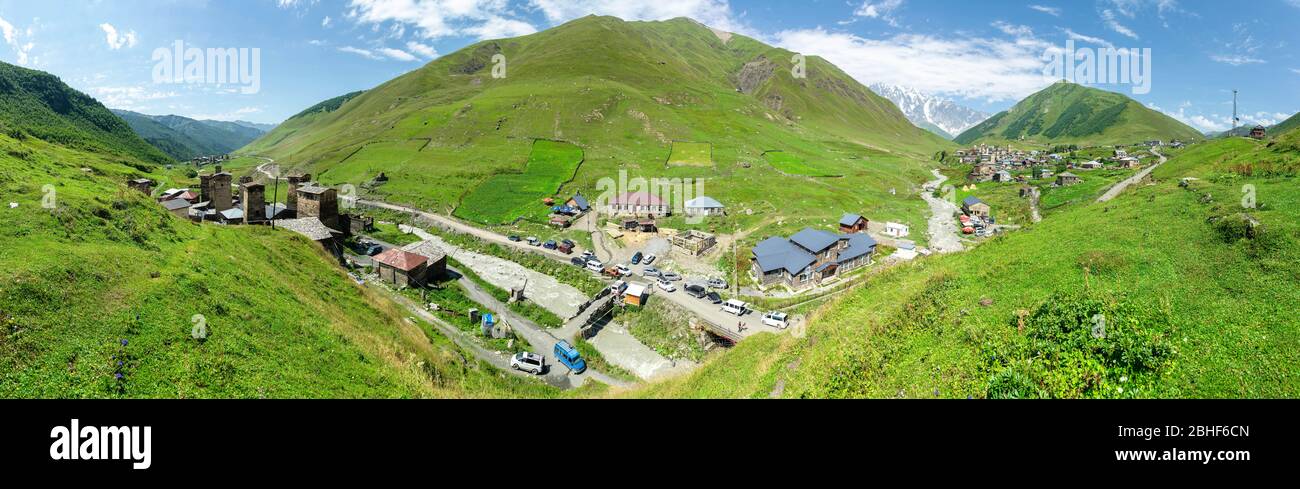 Panorama of the Ushguli village with towers - Svaneti, Georgia Stock Photo