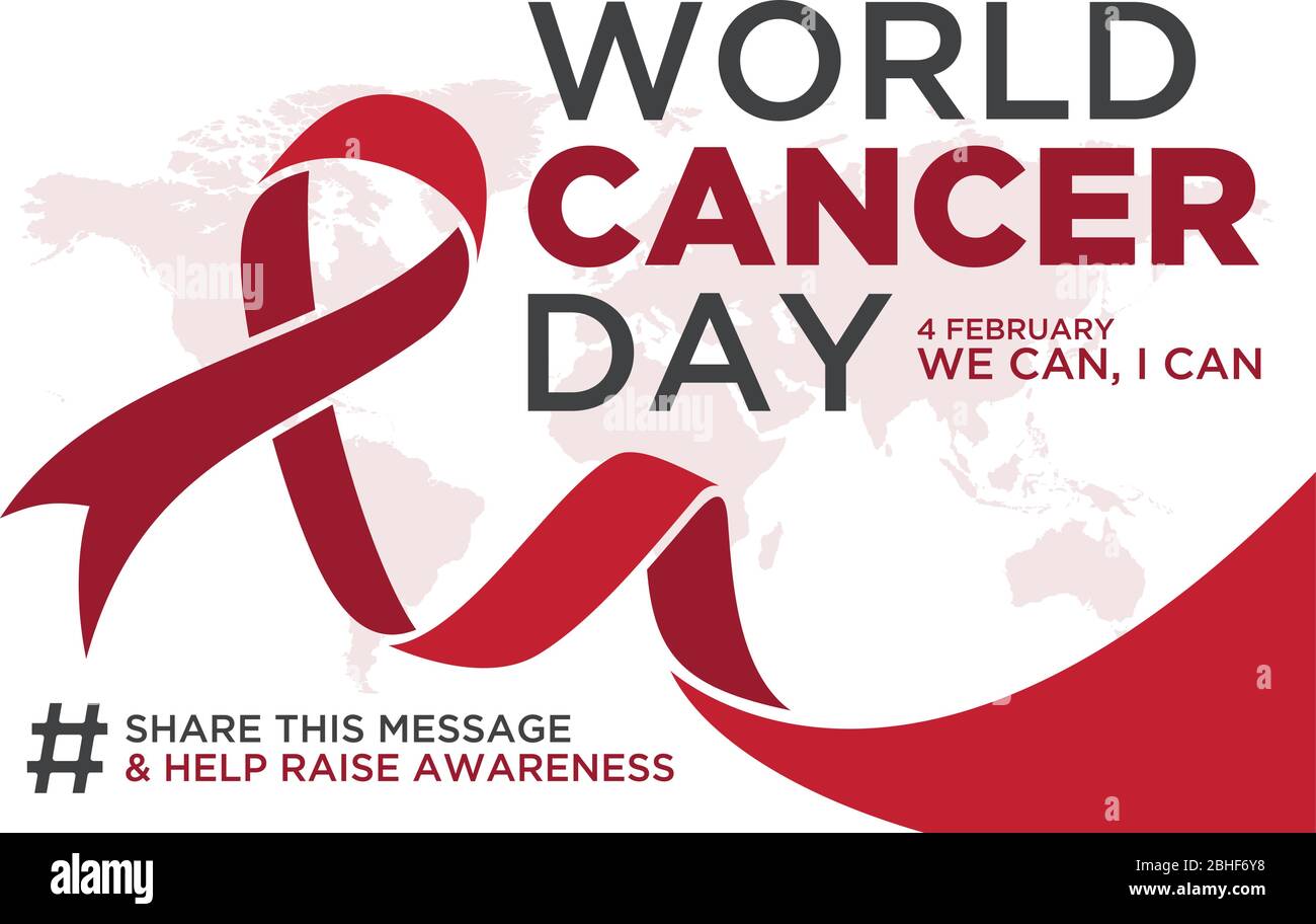 World cancer day lettering element design with red color ribbon on white background. Vector illustration of World Cancer Day with ribbon and text. Stock Vector