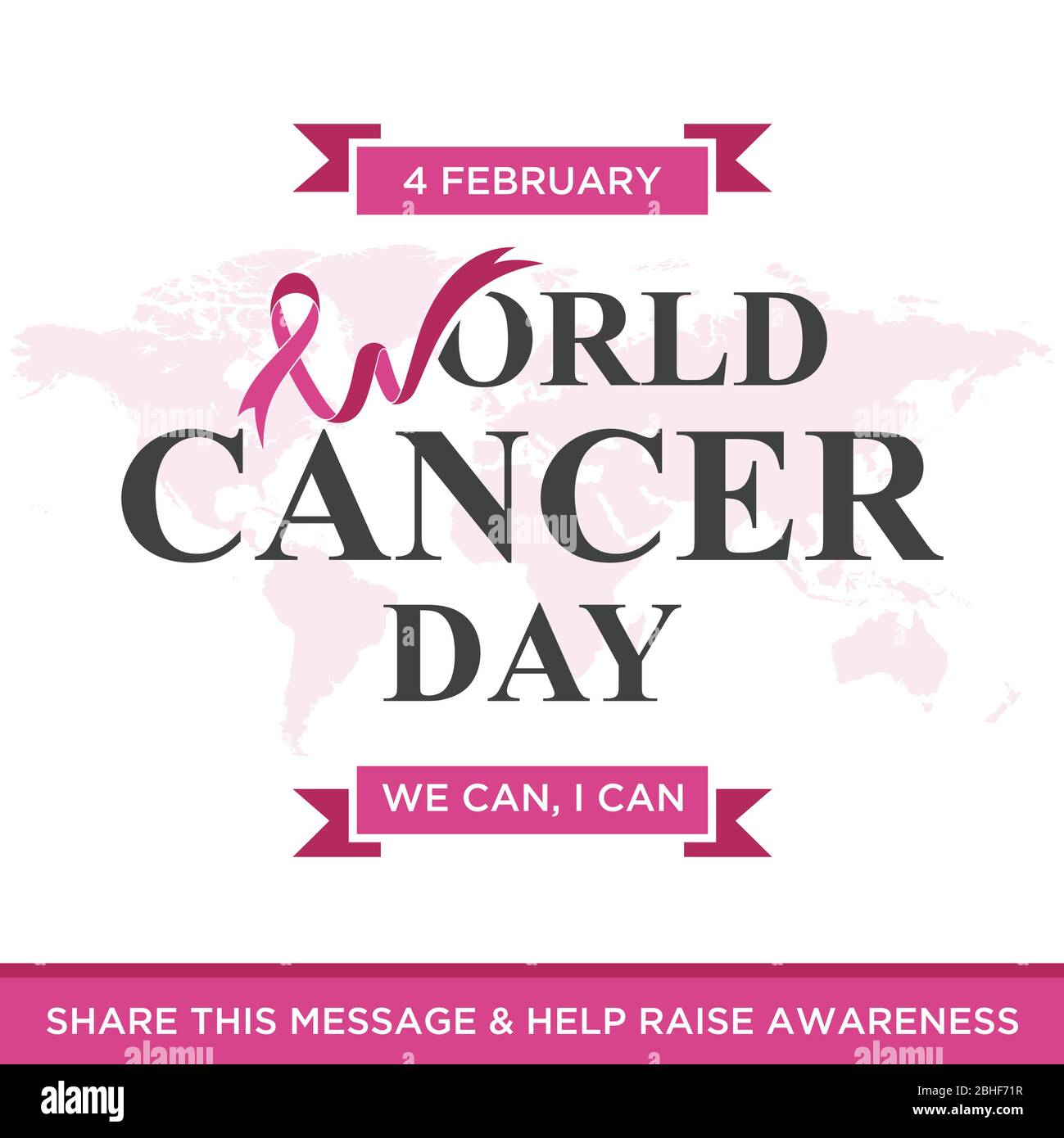 World cancer day lettering element design with purple color ribbon on white background. Vector illustration of World Cancer Day with ribbon and text. Stock Vector