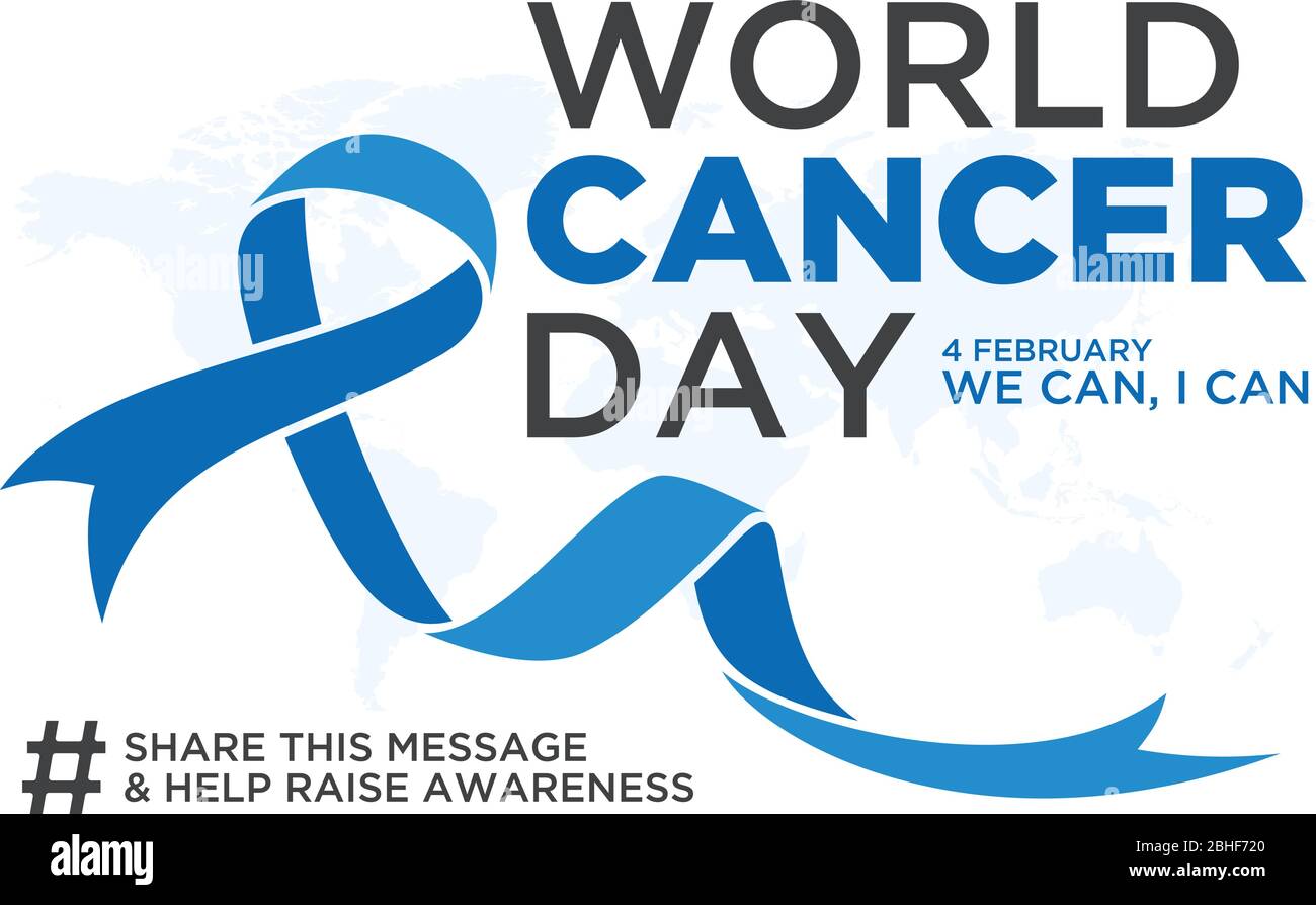 World cancer day lettering element design with blue color ribbon on white background. Vector illustration of World Cancer Day with ribbon and text. Stock Vector