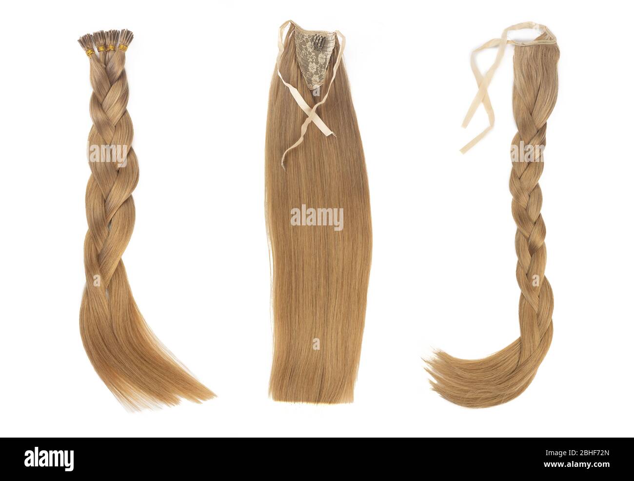 Set of multiple fake women hair extensions in tails, isolated on white background. Dark blonde or brown color. and different attachment types. Stock Photo