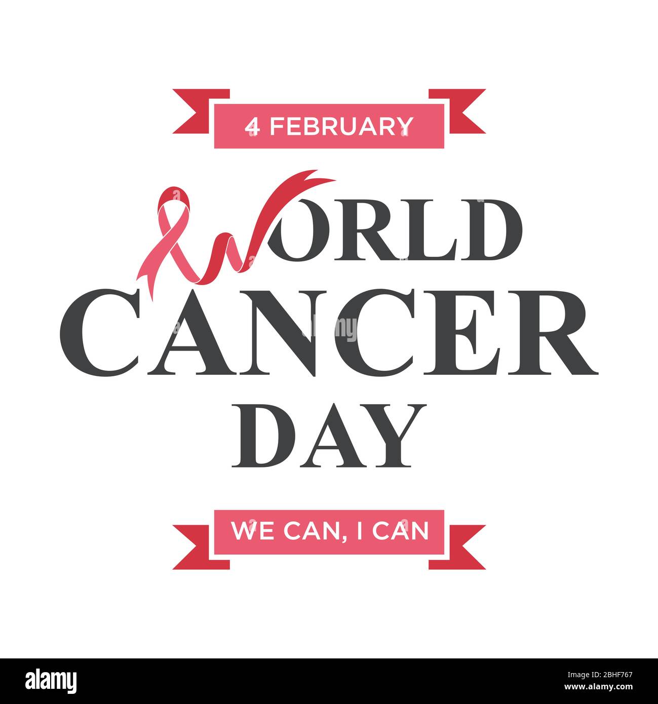 World cancer day lettering element design with letter w shaped ribbon. Vector illustration of World Cancer Day with ribbon and text. Stock Vector
