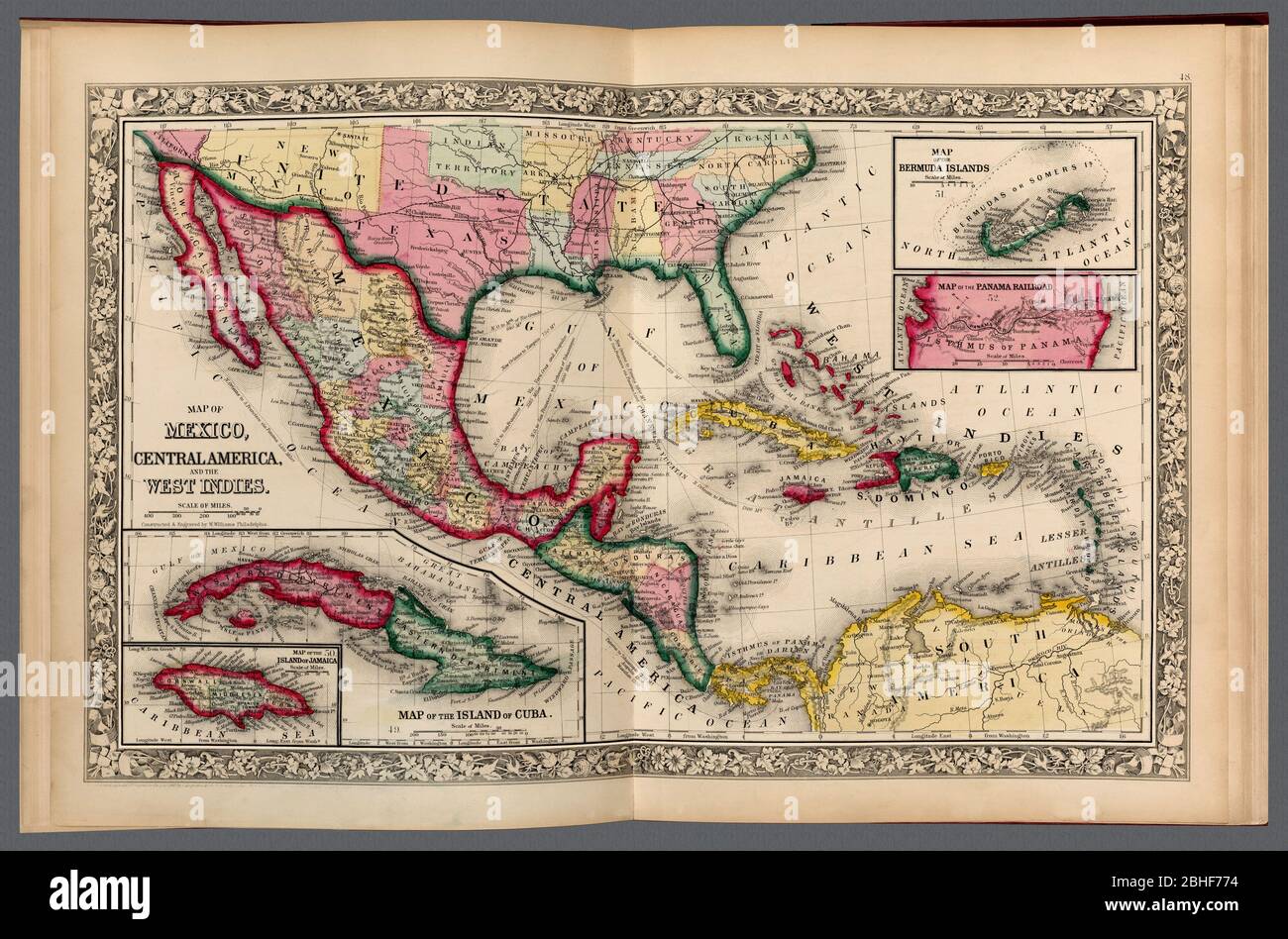 Map of Mexico, Central America, the West Indies, Cuba; Jamaica; Bermuda Islands, and a map of the Panama Railroad. A restored historic map reproduction. Shows map within open atlas. Stock Photo