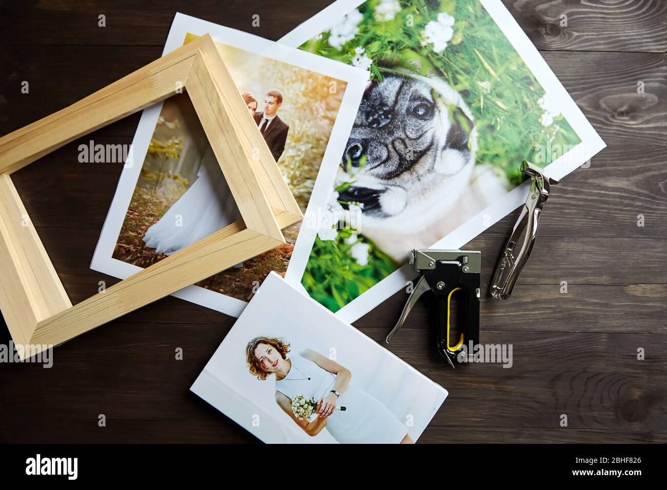 Photo canvas prints. Tools for wrapping.  Photographs, stretcher bars, staple gun and canvas pliers.  Printed photos of a dog and a wedding couple lyi Stock Photo