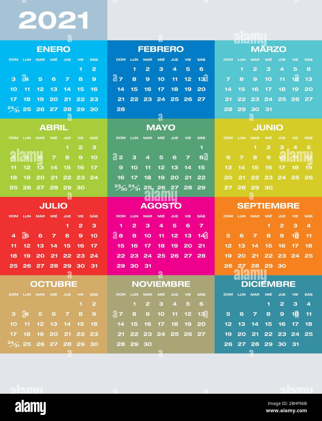 Colorful Calendar for year 2021 in Spanish, vector format. Stock Vector