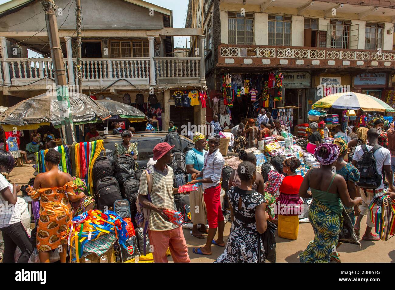 Busy street scene (Kissy Street) in Freetown, Sierra Leone. Stock Photo