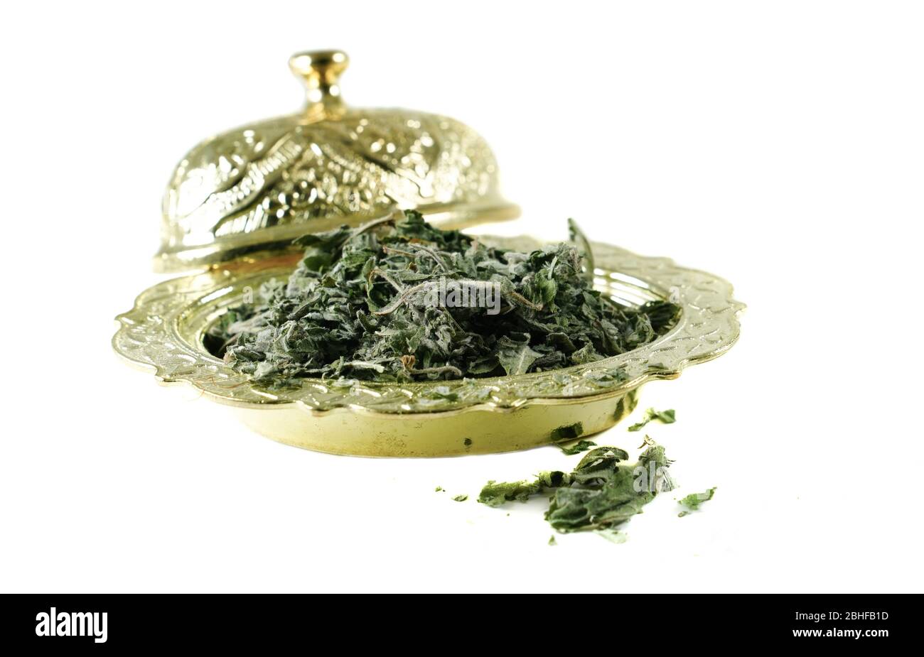 Dry wild pennyroyal in silver bowl Stock Photo