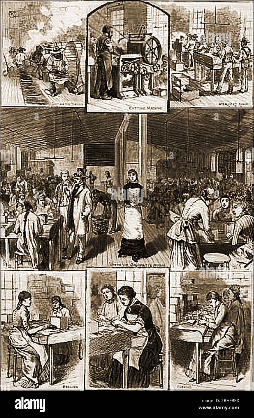 A page from an 1883 publication showing workers in various departments inside a tobacco factory Stock Photo