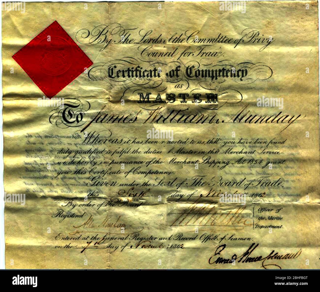 A Captain's / Master's certificate of competence issued in 1862 under the British Merchant Shipping Act of 1854 (given under the seal of the Board of Trade.In the British Merchant Navy a master mariner who has sailed in command of an ocean-going merchant ship will be titled captain. A professional seafarer who holds a restricted or limited master's certificate but who has sailed in command of a ship may be called captain. Stock Photo