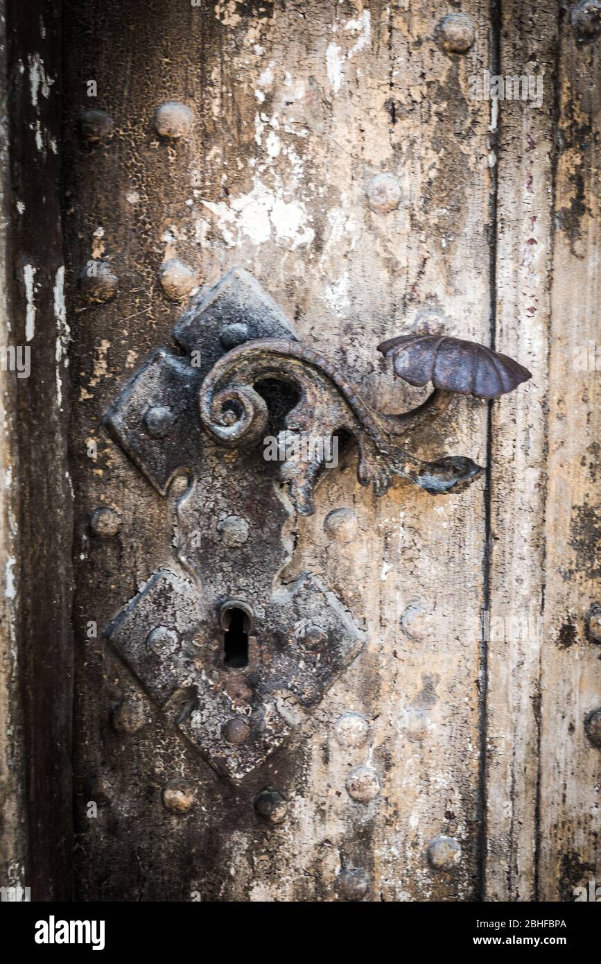Ancient wooden door in old stone castle wall Stock Photo - Alamy