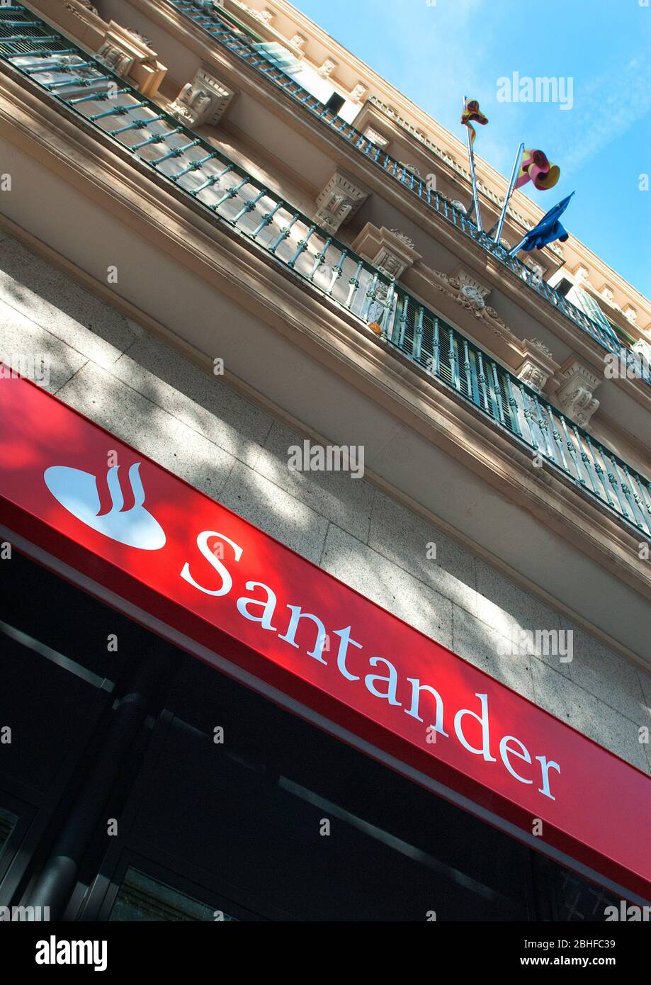 Santander Bank exterior name sign, Mallorca, Balearics, Spain Stock Photo