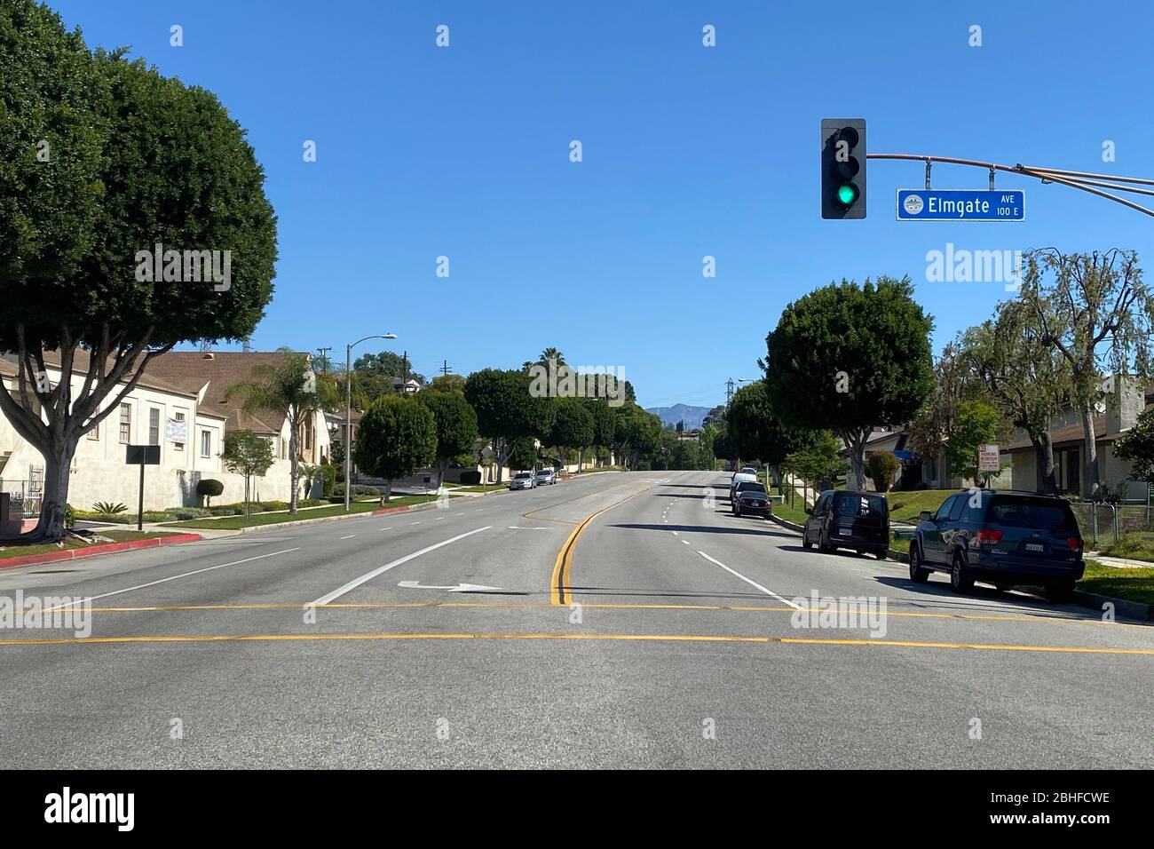General overall view of empty S. Garfield Ave at Elmgate St. amid the global coronavirus COVID-19 pandemic, Friday, April 24, 2020, in Monterey Park, Calif.  Photo via Newscom Stock Photo