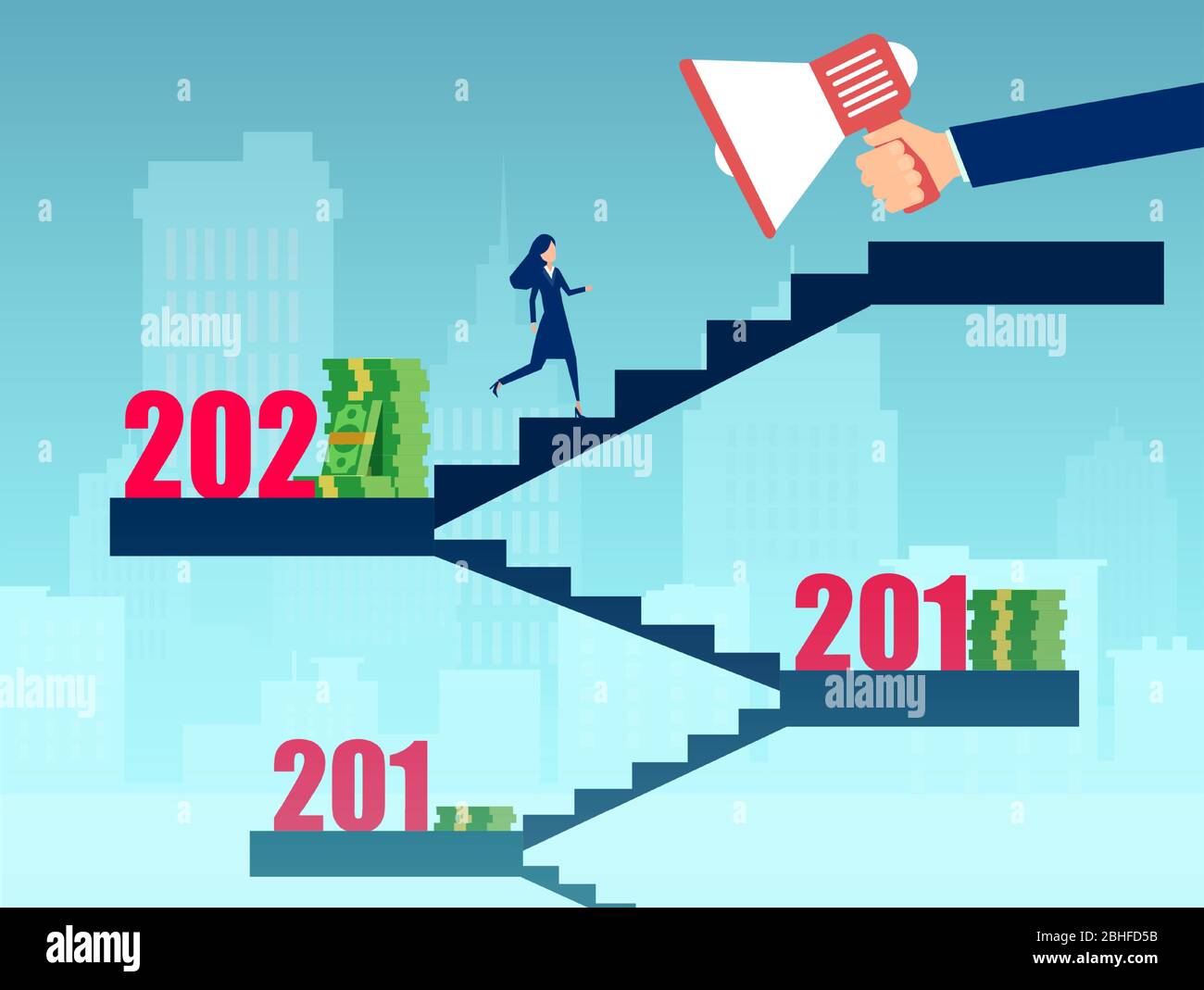 Vector of a successful businesswoman climbing a career ladder being financially motivated Stock Vector