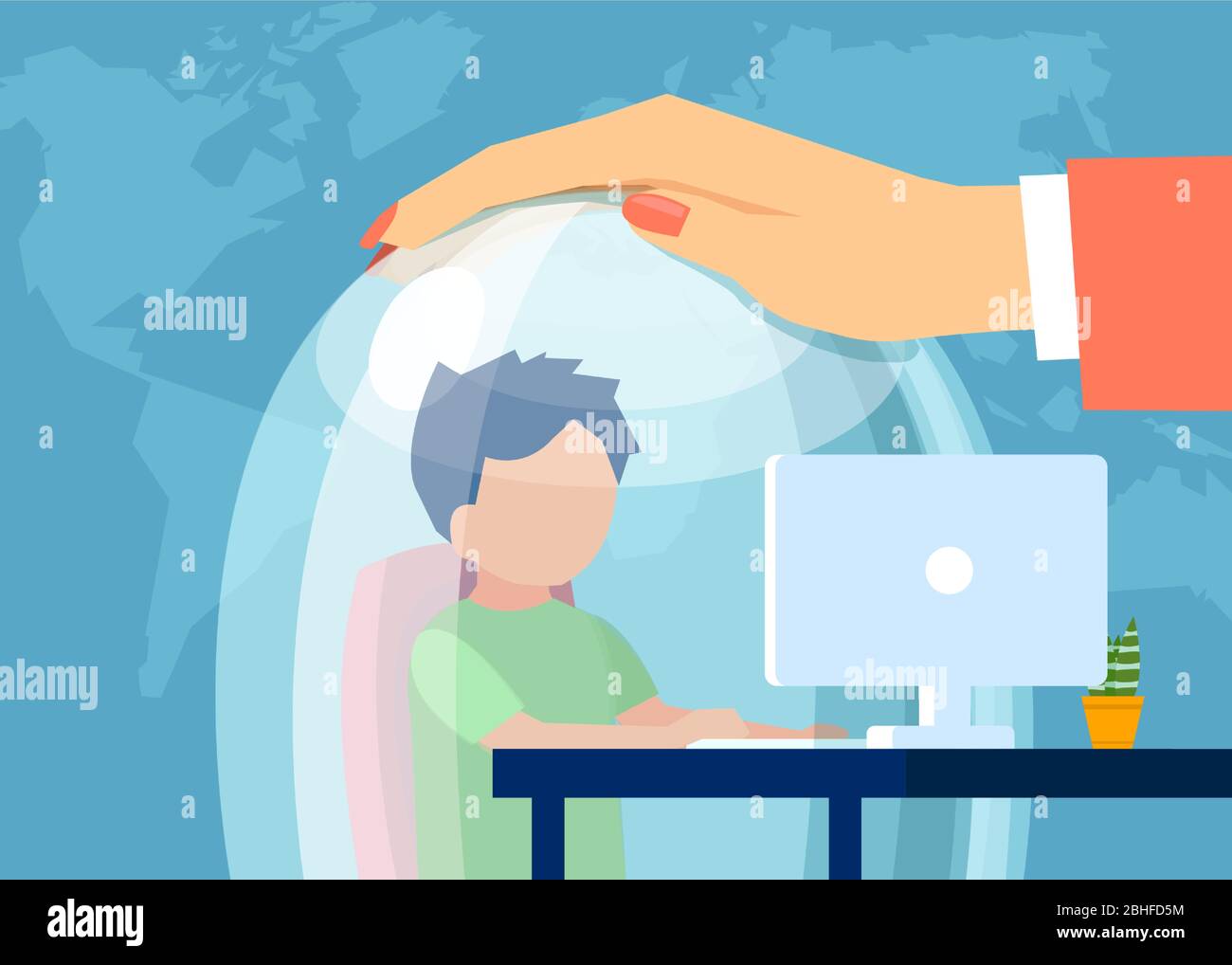 Vector of a mother keeping a child in a glass dome while he is browsing web. Safe internet surfing for kids concept Stock Vector