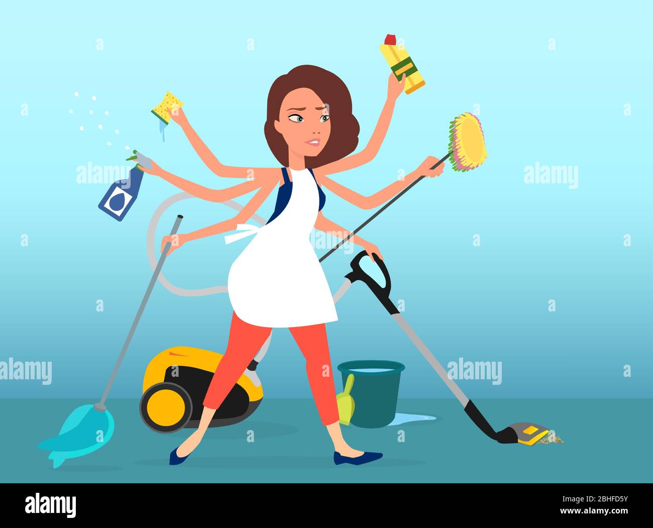 Vector of a super busy multitasking woman washing, vacuuming and cleaning her house Stock Vector