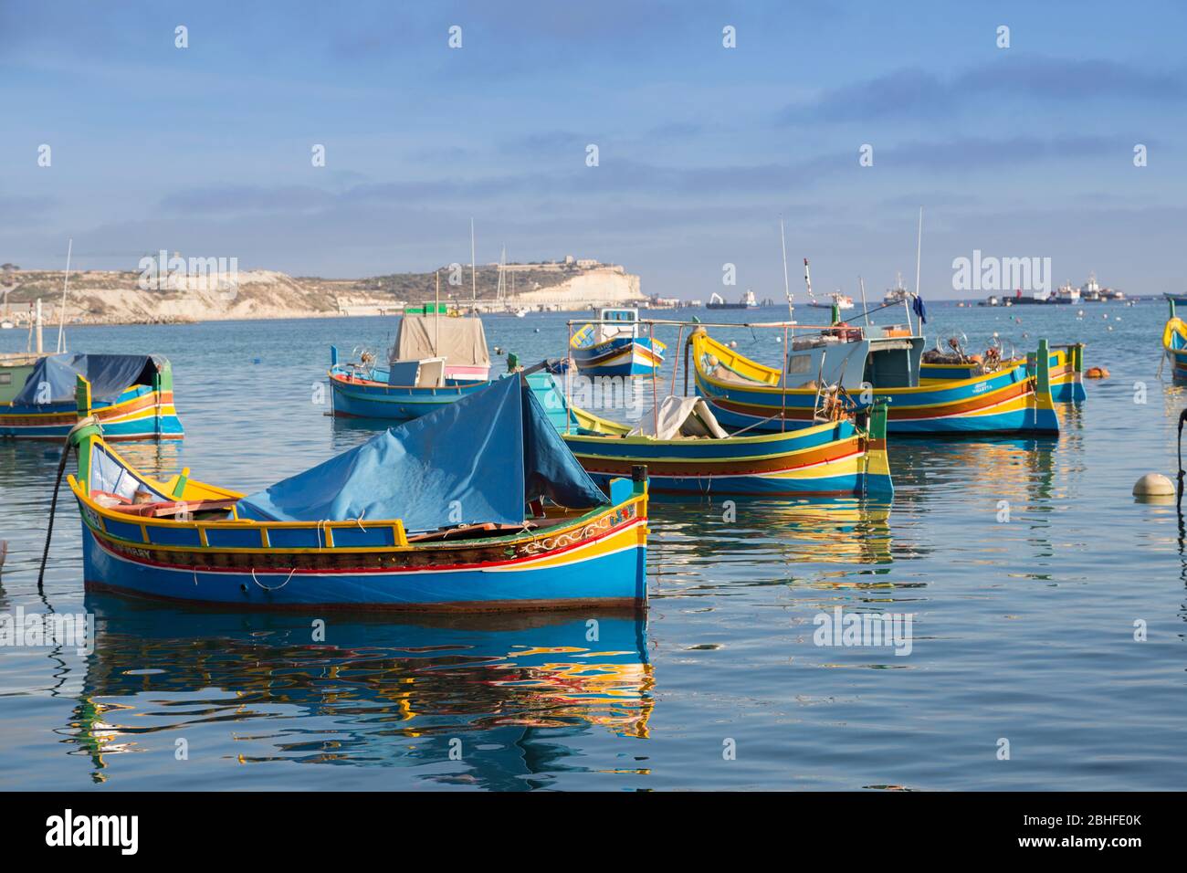 Traditional painted fishing boats, Marsaxlokk, Malta Stock Photo