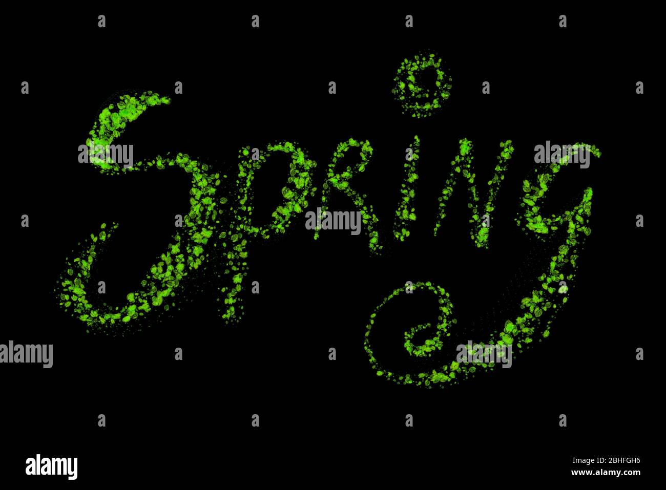 Spring word lettering done in green leaves on a black background. Part ...