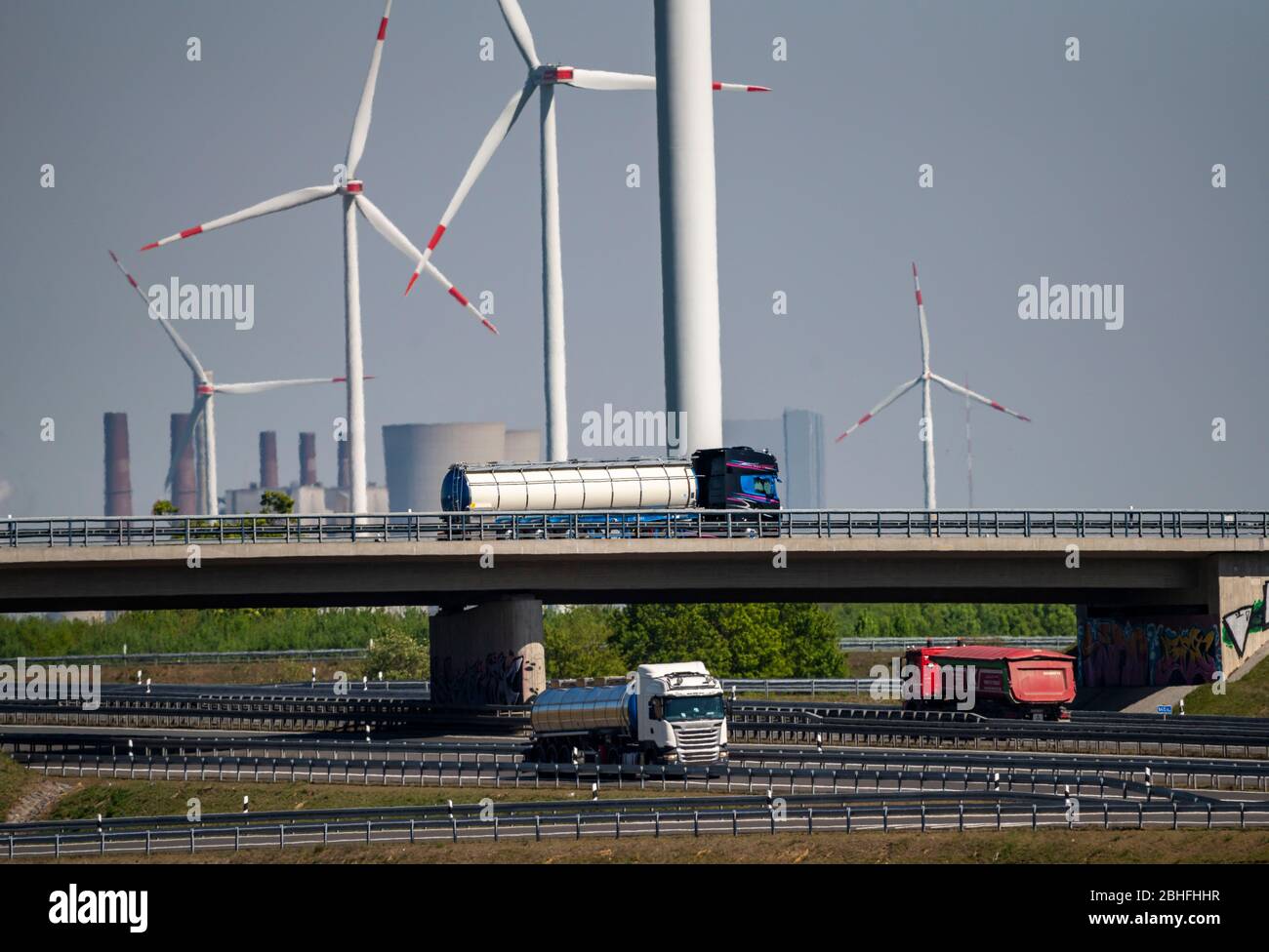 Jackerath motorway intersection, A44 and A61 motorways, in the Rhenish lignite mining area, wind farm, NRW, Germany, Stock Photo