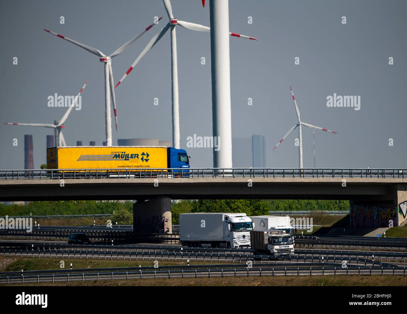 Jackerath motorway intersection, A44 and A61 motorways, in the Rhenish lignite mining area, wind farm, NRW, Germany, Stock Photo