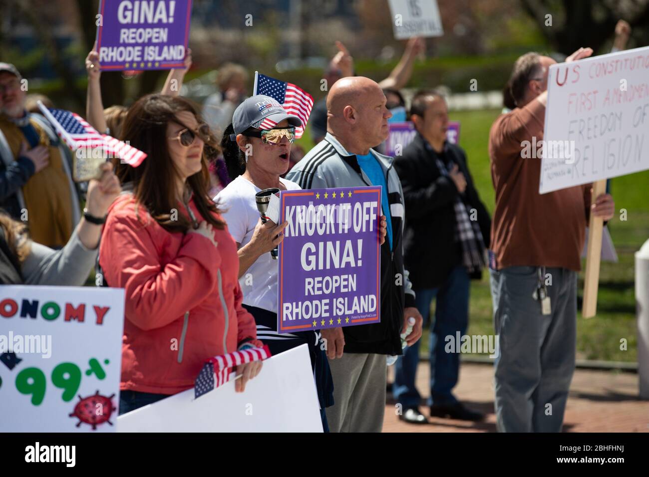 Protesters cheer at a 'Rhode Islanders against excessive quarantine' protest in reaction to the state's mandatory stay-at-home order as an attempt to combat COVID-19 at the Rhode Island State House in Providence, Rhode Island on Saturday, April 25, 2020. Rhode Island Governor Gina Raimondo has extended the stay-at-home order in an effort to combat the spread of COVID-19 to May 8th and recently told schools that they will finish the year through via distance learning. Rhode Island has had 6,699 confirmed cases of COVID-19 and 202 deaths as of Saturday. Photo by Matthew Healey/UPI Stock Photo