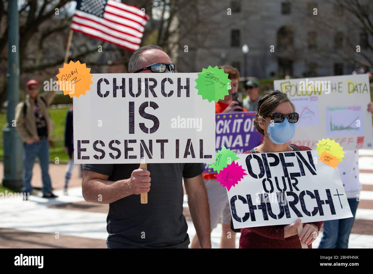 Protesters call on churches to re-open as they gathered for a 'Rhode Islanders against excessive quarantine' protest in reaction to the state's mandatory stay-at-home order as an attempt to combat COVID-19 at the Rhode Island State House in Providence, Rhode Island on Saturday, April 25, 2020. Rhode Island Governor Gina Raimondo has extended the stay-at-home order in an effort to combat the spread of COVID-19 to May 8th and recently told schools that they will finish the year through via distance learning. Rhode Island has had 6,699 confirmed cases of COVID-19 and 202 deaths as of Saturday. P Stock Photo