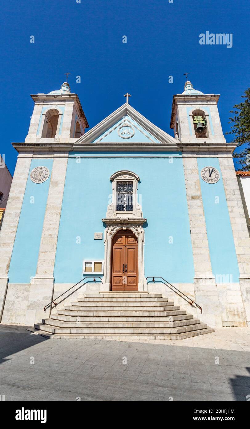 Façade of the Church of Our Lady of Good Success, built in the 18th century after the Great Earthquake of 1755 in Baroque style, in Cacilhas, Portugal Stock Photo