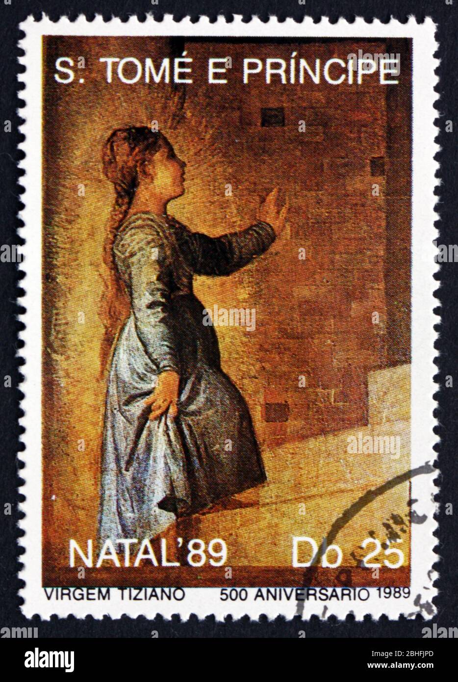 SAO TOME AND PRINIPE - CIRCA 1989: a stamp printed in Sao Tome and Principe shows Young Virgin Mary, Painting by Titian, Christmas, circa 1989 Stock Photo