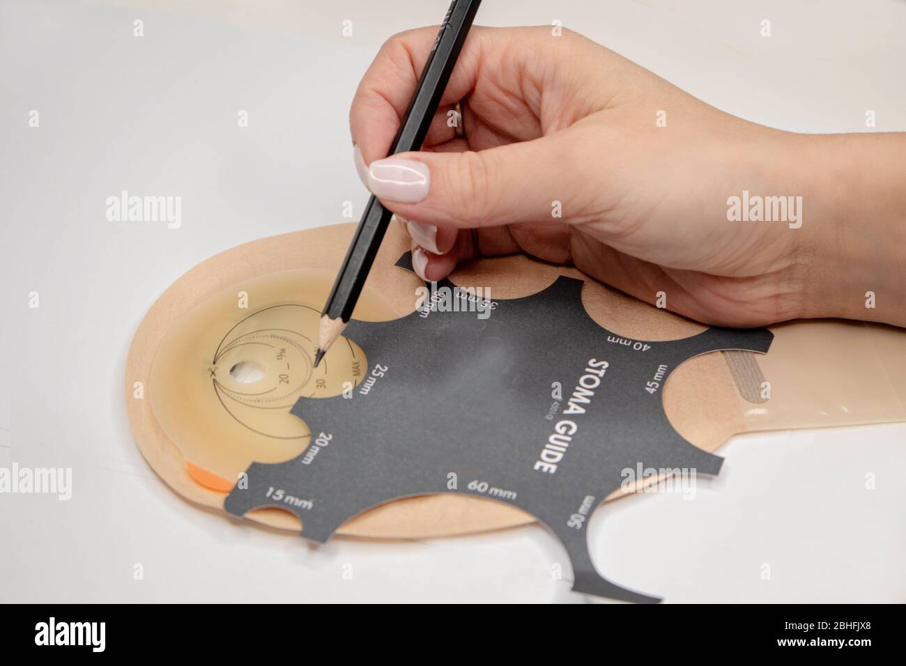 Top view on colostomy bag, supplies needed after colostomy surgery colon cancer treatment