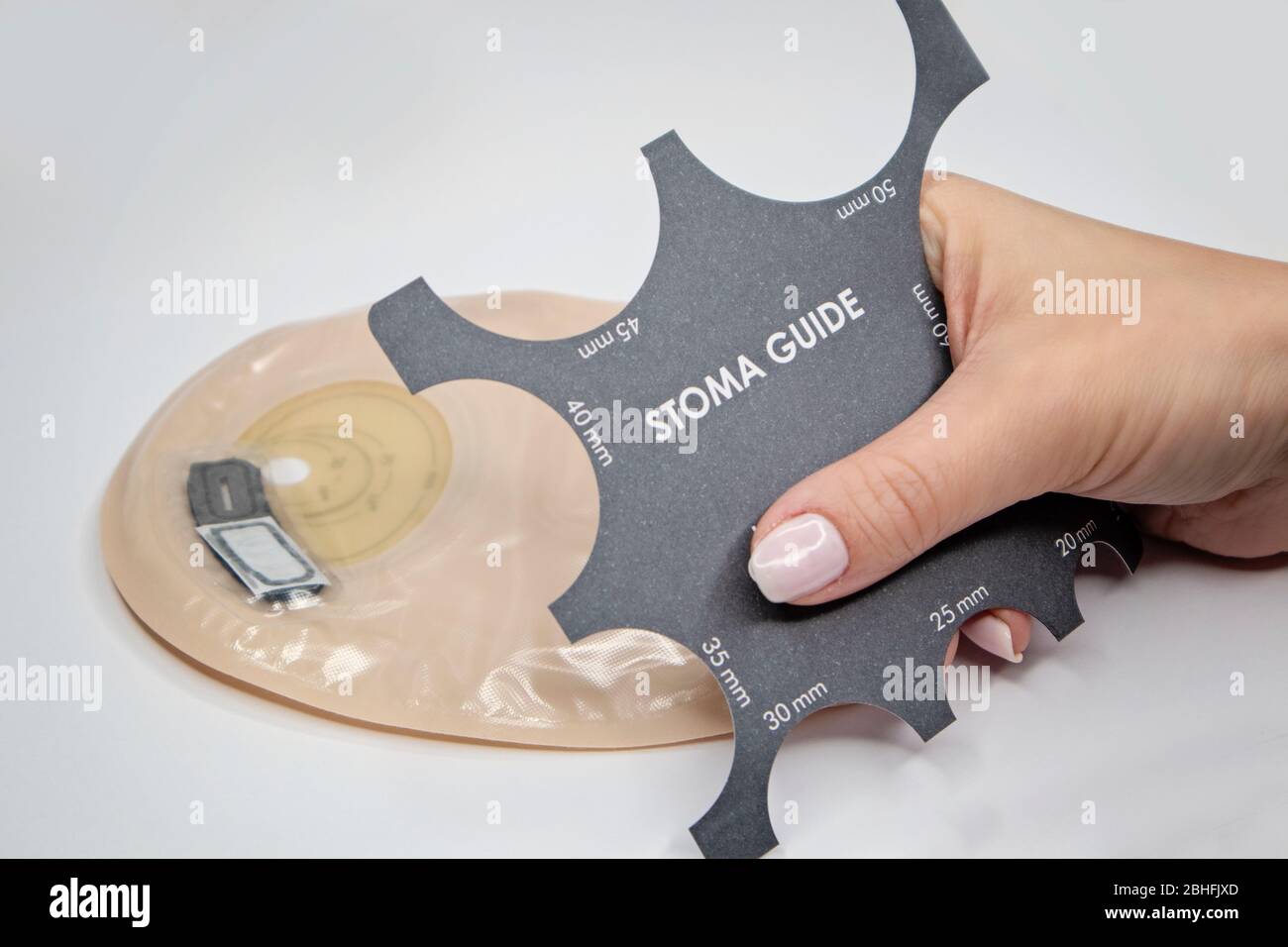 Top view on colostomy bag, supplies needed after colostomy surgery colon cancer treatment