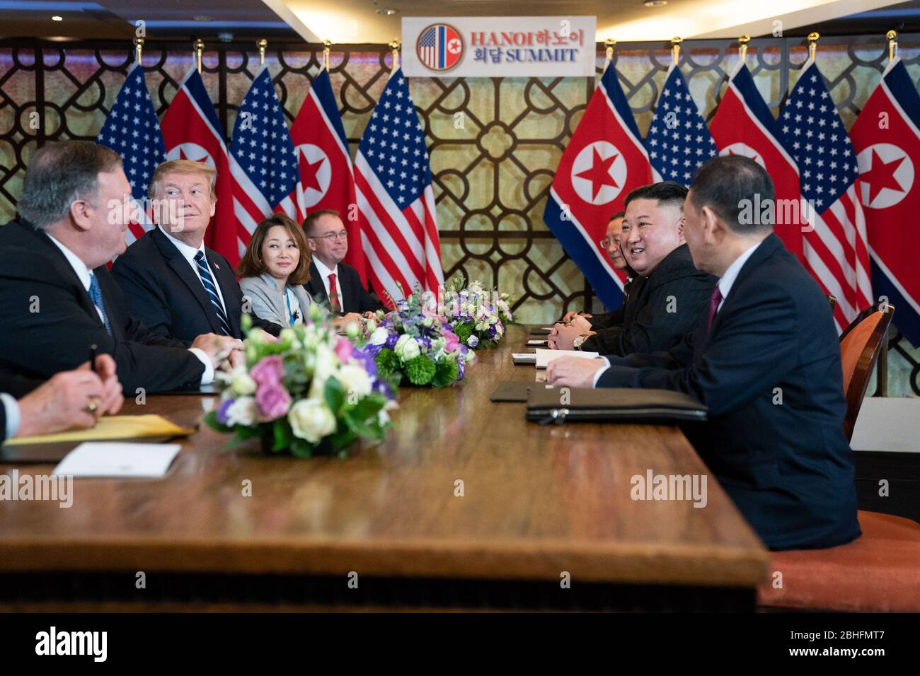 Hanoi, Vietnam. 27th Feb, 2019. President Donald J. Trump and Kim Jong Un, Chairman of the State Affairs Commission of the Democratic PeopleÕs Republic of Korea, participate in an expanded bilateral meeting Thursday, Feb. 28, 2019, at the Sofitel Legend Metropole hotel in Hanoi. People: President Donald Trump, Kim Jong Un Credit: Storms Media Group/Alamy Live News Stock Photo