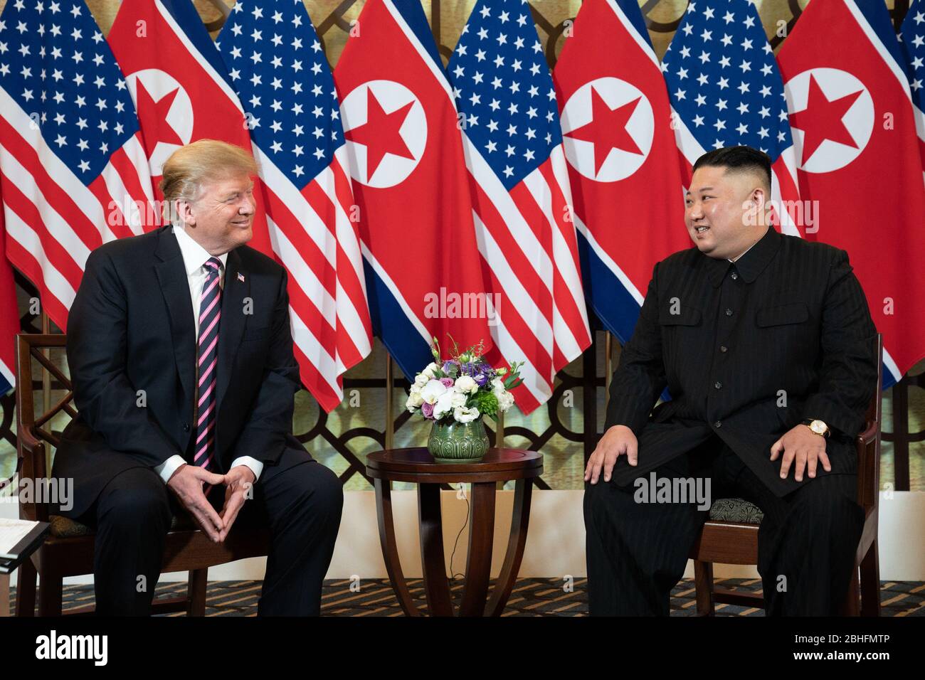 Hanoi, Vietnam. 27th Feb, 2019. President Donald J. Trump and Kim Jong Un, Chairman of the State Affairs Commission of the Democratic PeopleÕs Republic of Korea, talk Wednesday, Feb. 27, 2019, at the Sofitel Legend Metropole hotel in Hanoi, for their second summit. People: President Donald Trump, Kim Jong Un Credit: Storms Media Group/Alamy Live News Stock Photo