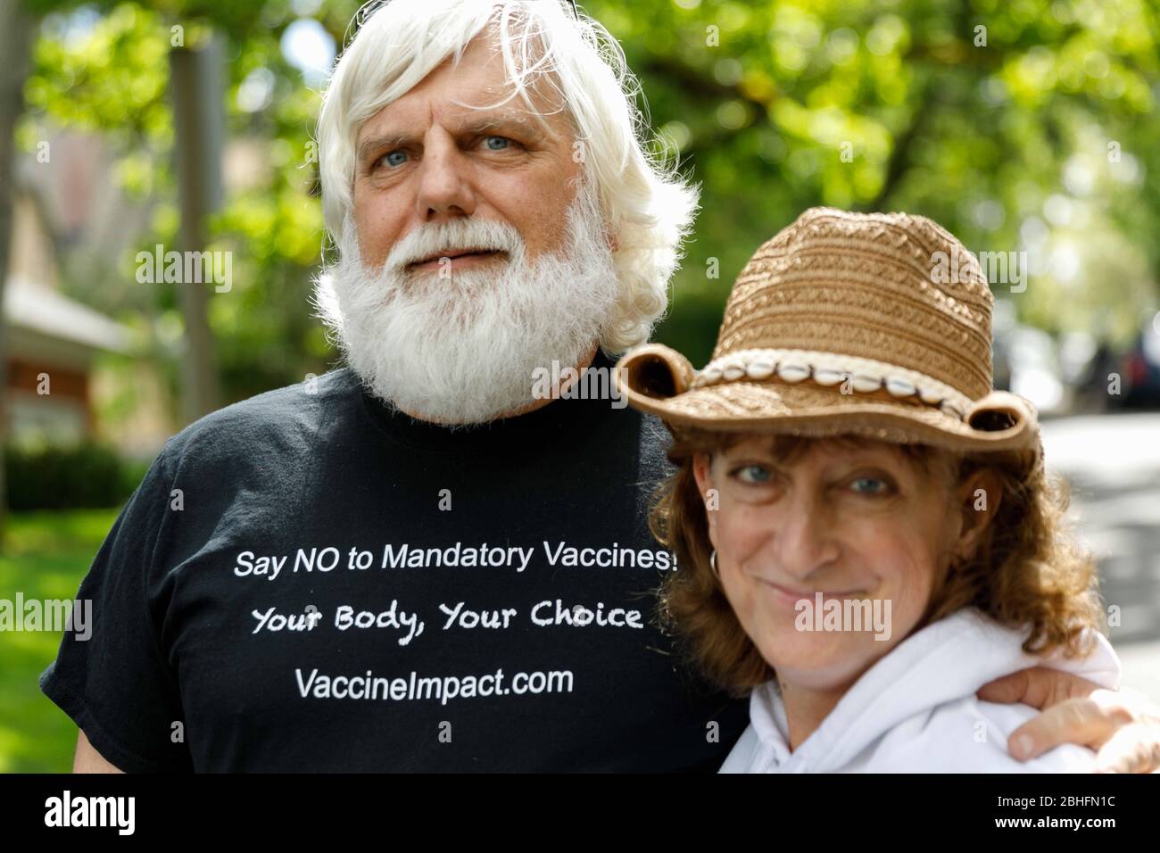 Salem, USA. 25th Apr, 2020. Various anti-vaxxers were among the demonstrators who protested Oregon's economic-closure efforts aimed at minimizing the lethal impact of coronavirus/Covid-19, at the Governor's Mansion, Mahonia Hall, in Salem, Oregon on April 25, 2020. Reopen Oregon is one of many groups organized by Republican and right-wing operatives linked to the Trump administration and his reelection organization. (Photo by John Rudoff/Sipa USA) Credit: Sipa USA/Alamy Live News Stock Photo