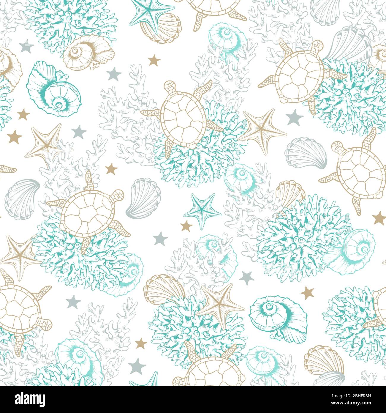 Ocean seashells pattern background, vector sketch line art sea shells, corals and turtles. Underwater marine pattern, engraved design in pastel gold and turquoise color, sea reef shells background Stock Vector