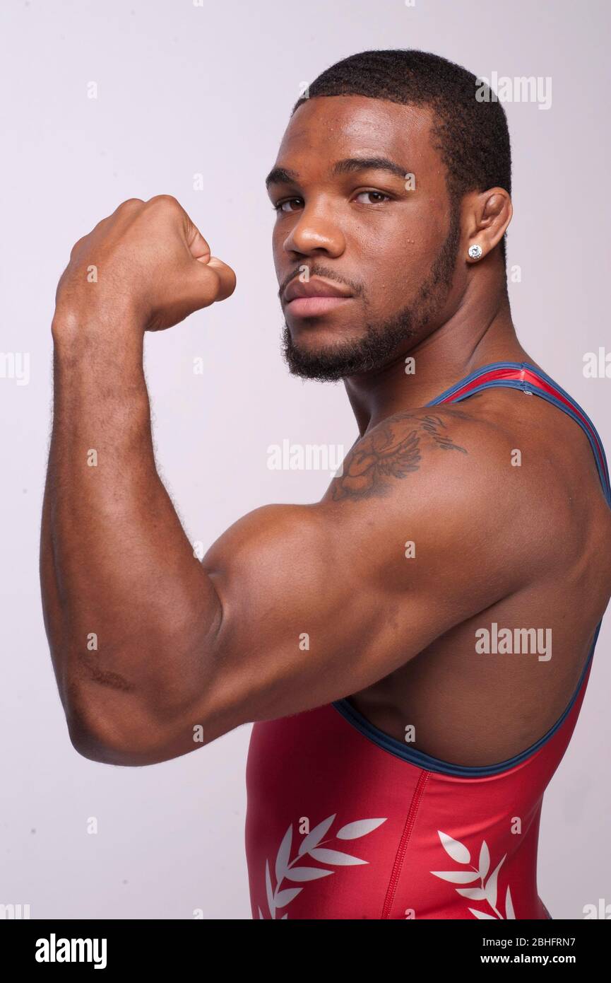 Freestyle wrestler Jordan Burroughs poses the Team USA Media Summit in Dallas, TX in advance of the 2012 London Olympics.  May 14, 2012 ©Bob Daemmrich Stock Photo