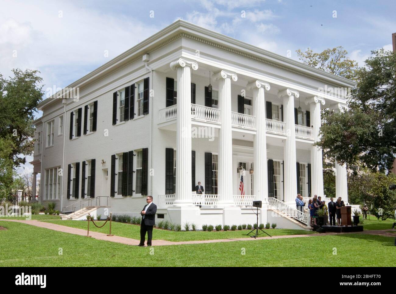Austin, Texas USA, July 18, 2012: Press conference announcing that that the 156-year-old Texas Governor's Mansion has been fully restored. The Mansion was heavily damaged in June of 2008 after an unidentified arsonist threw a Molotov cocktail onto the front porch, resulting in a fire that gutted much of the historic building's interior and caused most of the roof to collapse. ©Marjorie Kamys Cotera/Daemmrich Photography Stock Photo