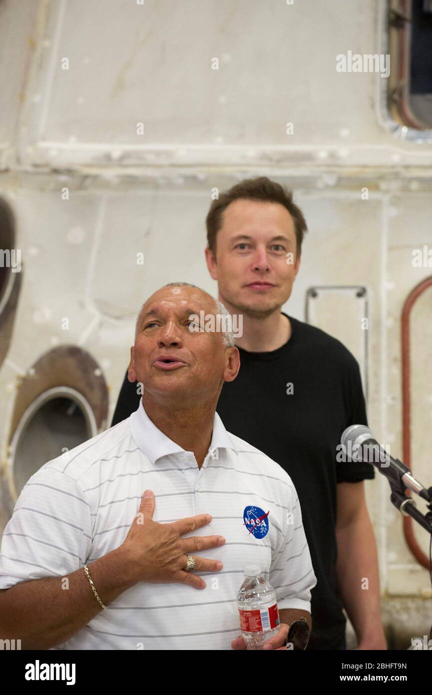 McGregor, Texas USA, June 13, 2012: NASA administrator Charles Bolden, left, and SpaceX CEO and Chief Designer Elon Musk answer questions about the private Dragon spacecraft that returned to earth May 31st after delivering supplies to the International Space Station. ©Bob Daemmrich Stock Photo